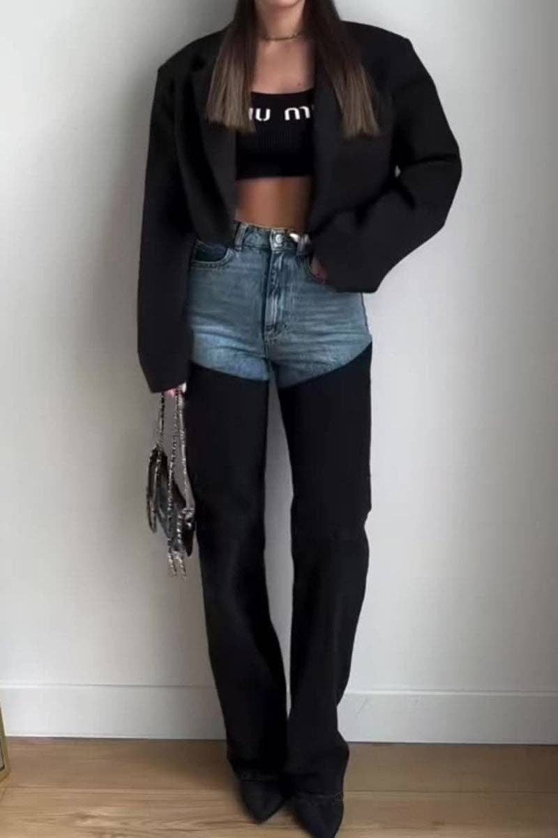 Two tone black and blue wide leg jeans with edgy streetwear styling