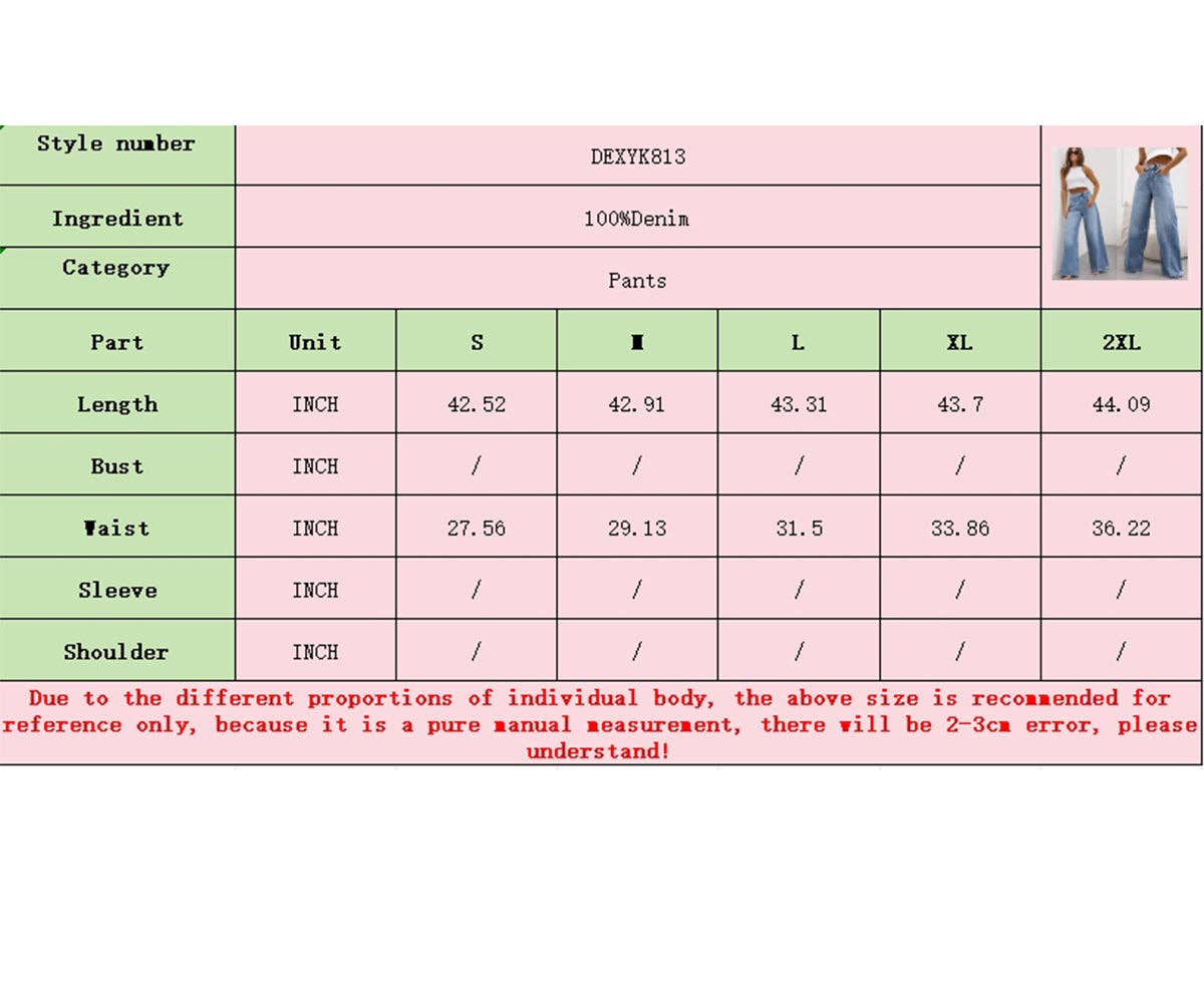 A size chart and measurement table for pants, with columns for style number, ingredient, category, part, unit, S, M, L, XL, and 2XL measurements in inches. The table includes a small side illustration of a person wearing blue jeans in the top right and a note at the bottom explaining that the measurements are for reference only.