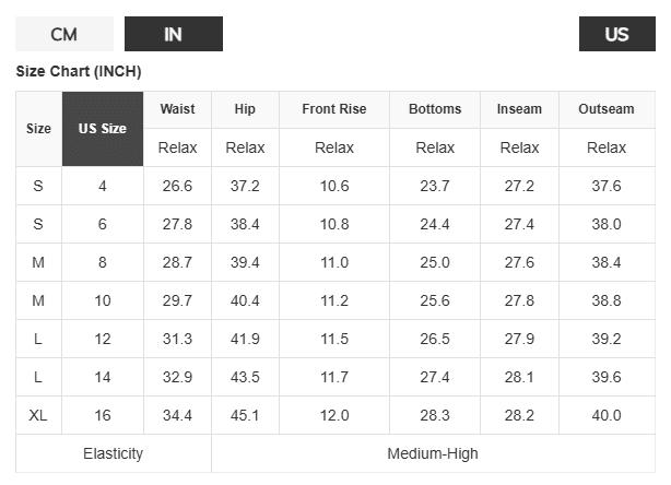 Size chart for clothing measurements in inches and US size, with columns for waist, hip, bottoms, inseam, and outseam.