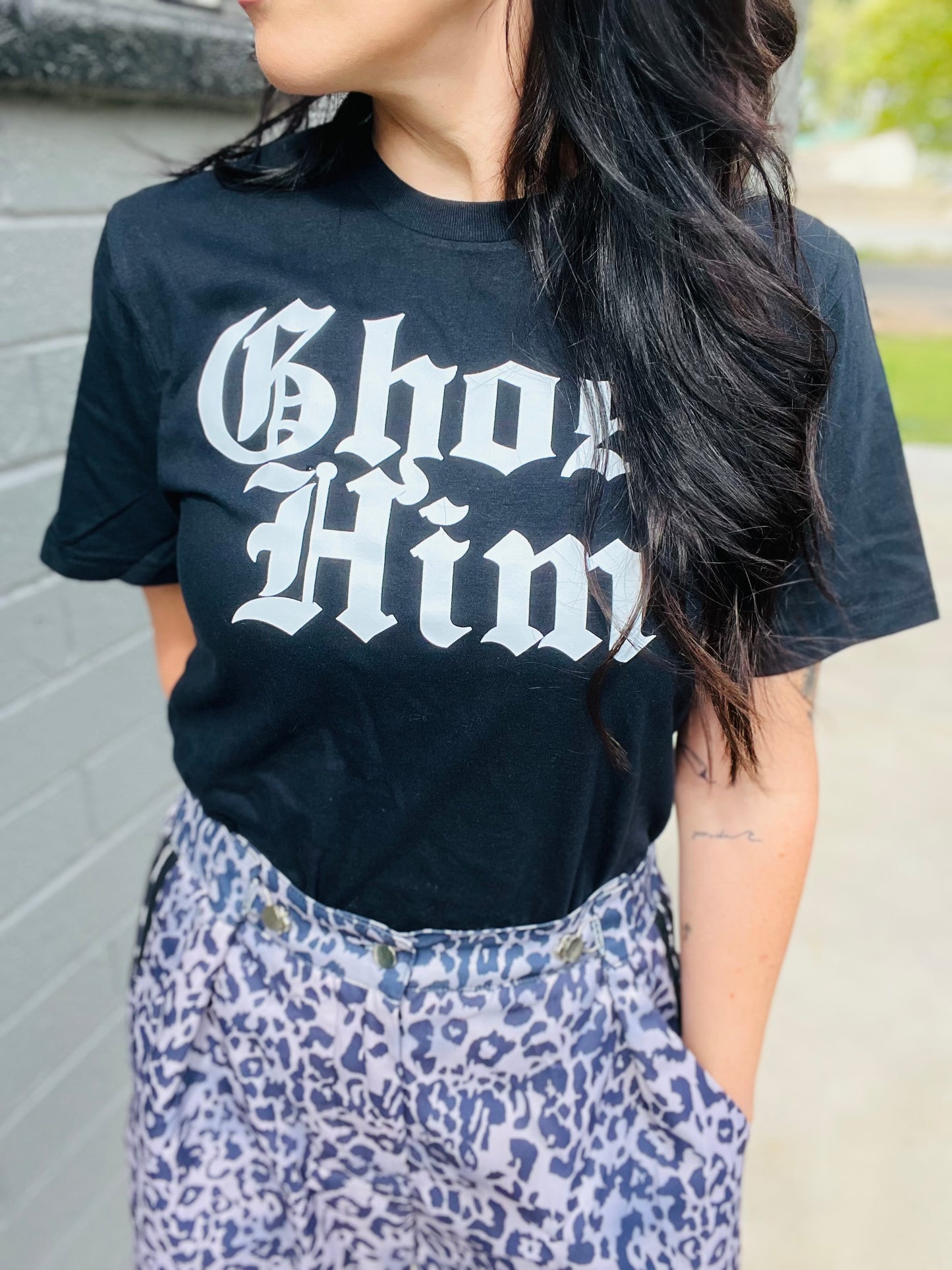 Black Ghost Him graphic t-shirt with edgy gothic streetwear styling