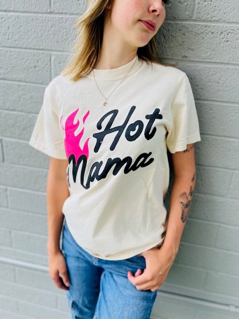 Cream graphic t-shirt with Hot Mama text and pink flame design