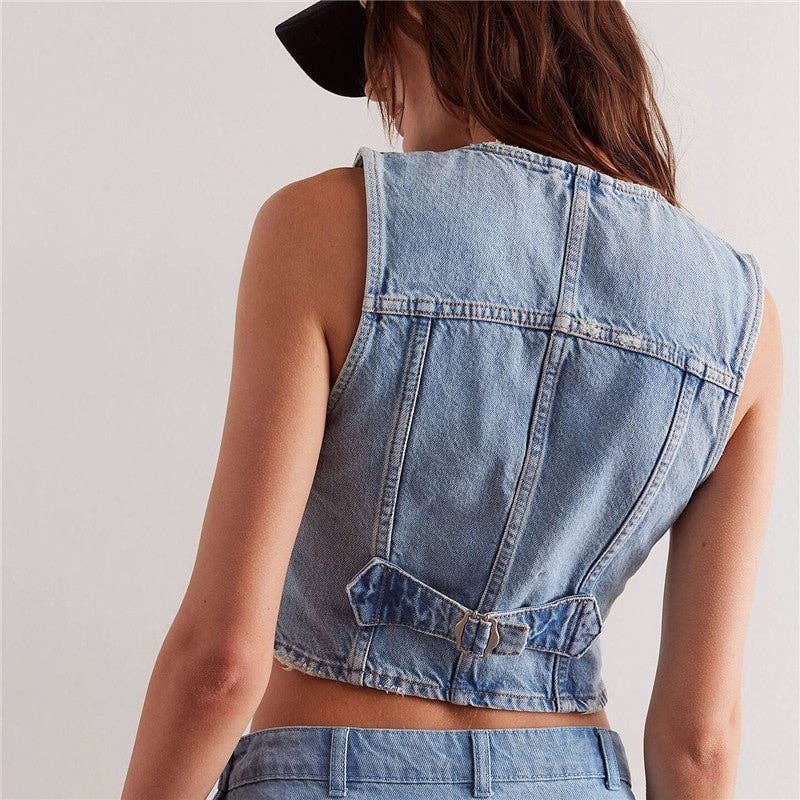 Light wash fitted denim vest top for women with vintage Y2K streetwear styling