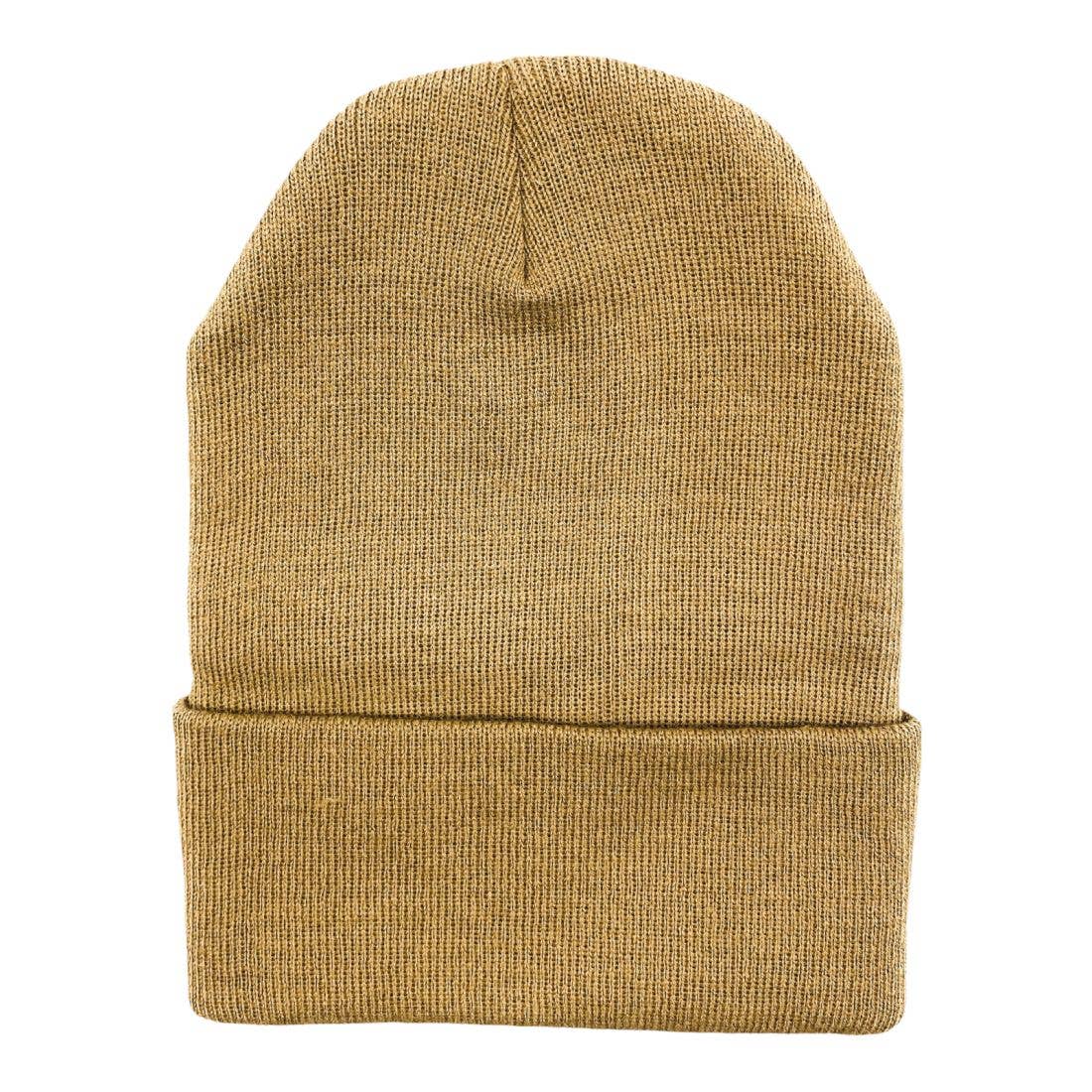 Minimal beige knit beanie hat with classic cuffed streetwear styling