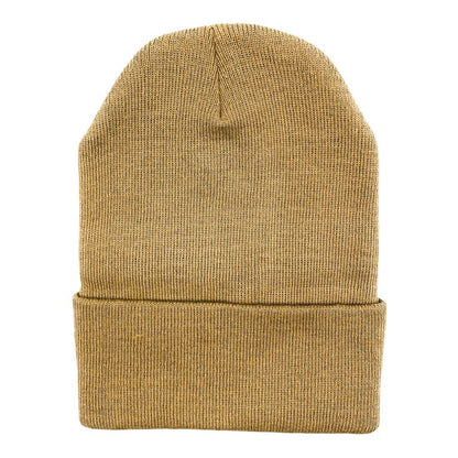 Minimal beige knit beanie hat with classic cuffed streetwear styling
