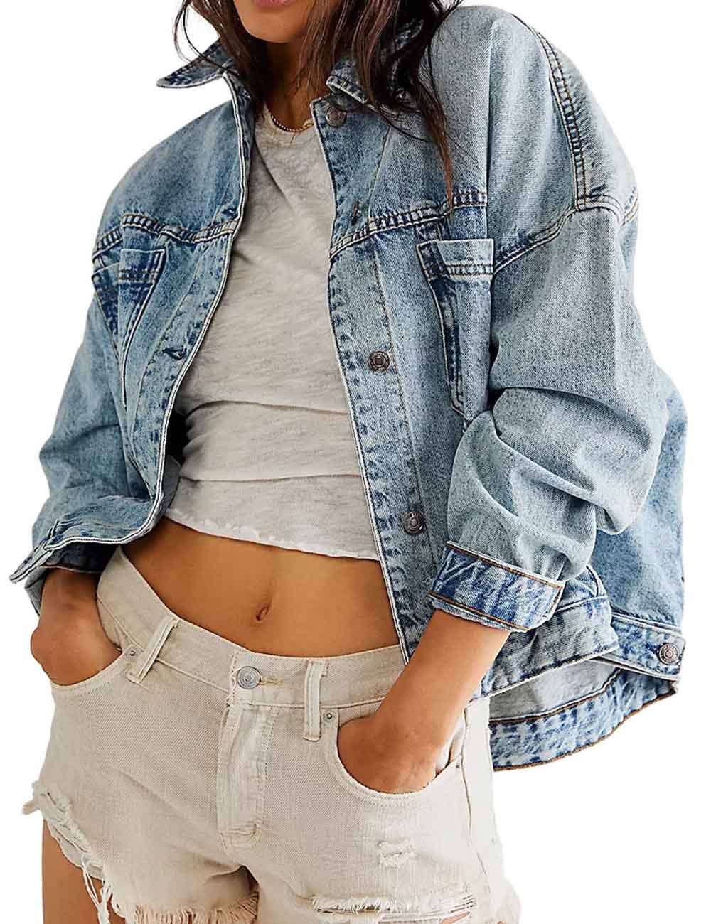 Oversized vintage wash denim jacket with relaxed casual streetwear styling