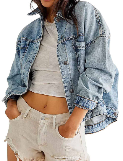 Oversized vintage wash denim jacket with relaxed casual streetwear styling