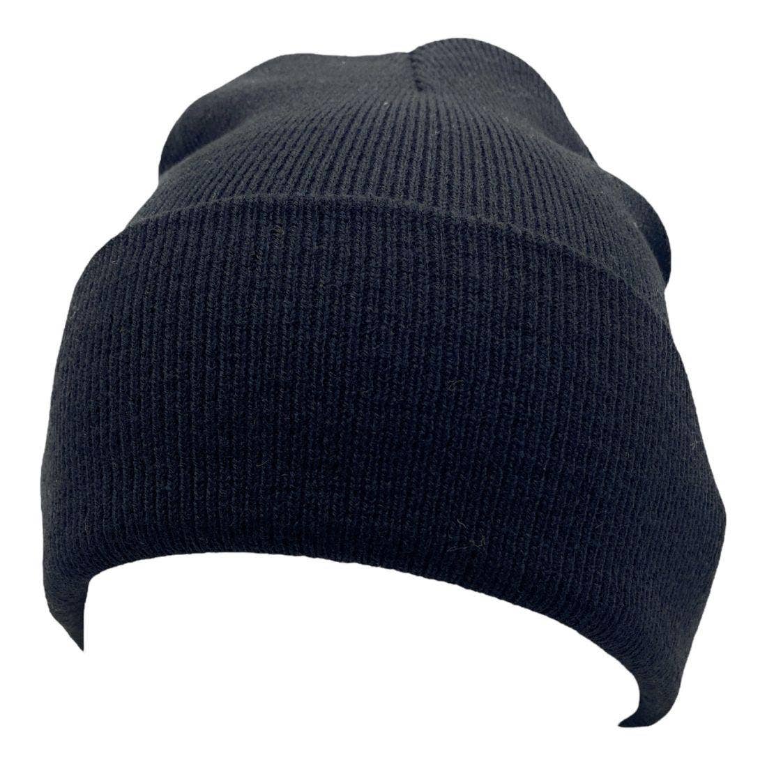 Minimal black knit beanie hat with classic cuffed streetwear styling