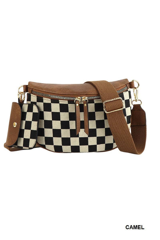 Checkered bag with brown straps on a white background