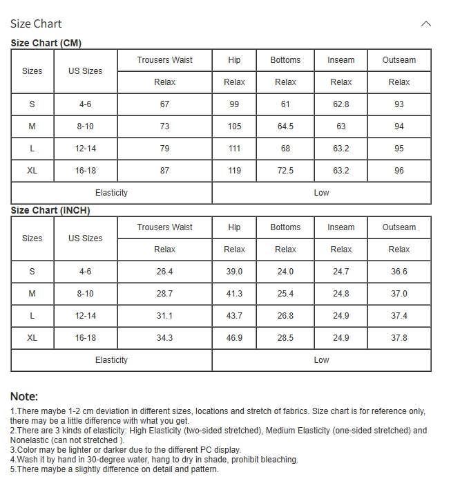 Size chart for trousers with measurements in centimeters and inches.