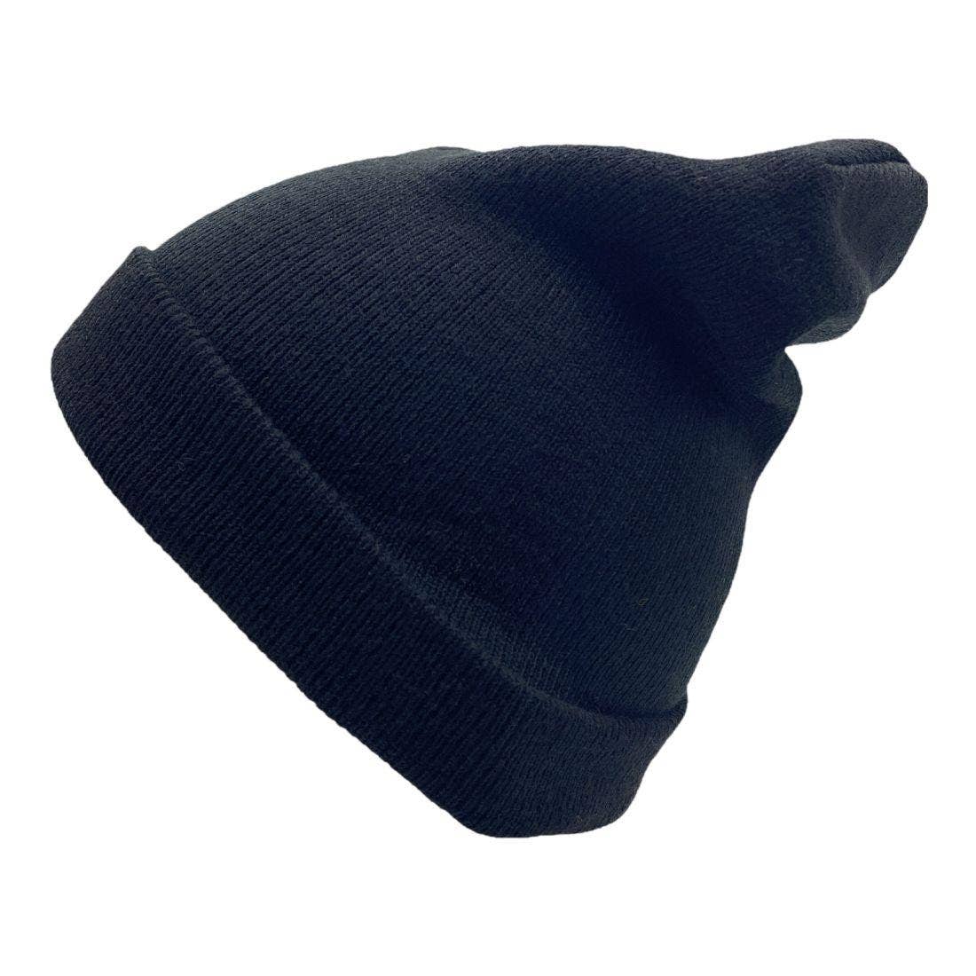 Minimal black knit beanie hat with classic cuffed streetwear styling