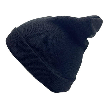 Minimal black knit beanie hat with classic cuffed streetwear styling