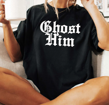 Black Ghost Him graphic t-shirt with edgy gothic streetwear styling