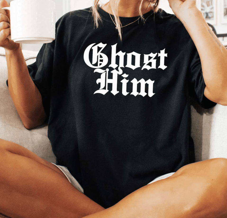 Black Ghost Him graphic t-shirt with edgy gothic streetwear styling