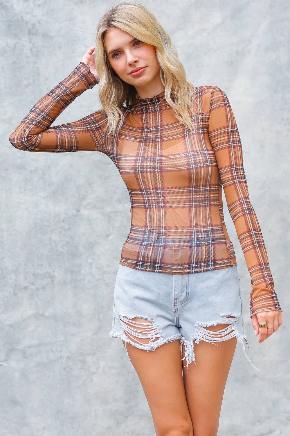 Brown plaid mesh long sleeve fitted top with Y2K streetwear styling