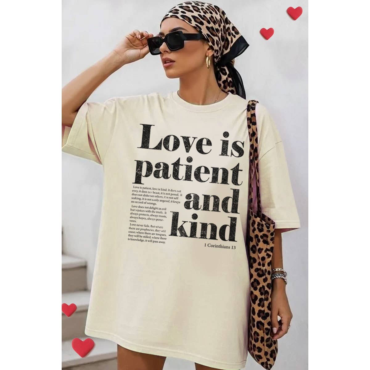 Oversized cream graphic t shirt with Love Is Patient and Kind faith inspired print for women