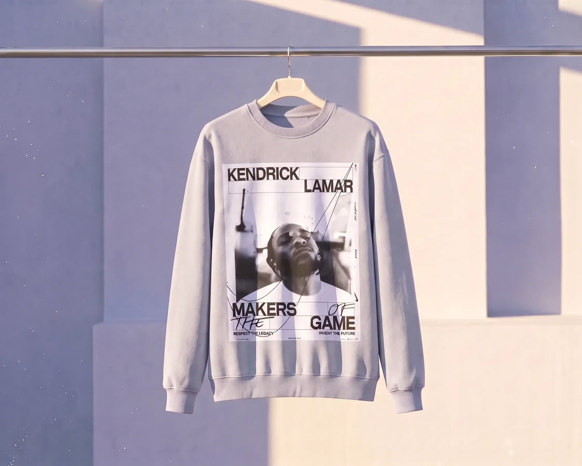 grey kendrick lamar crewneck sweater on hanger