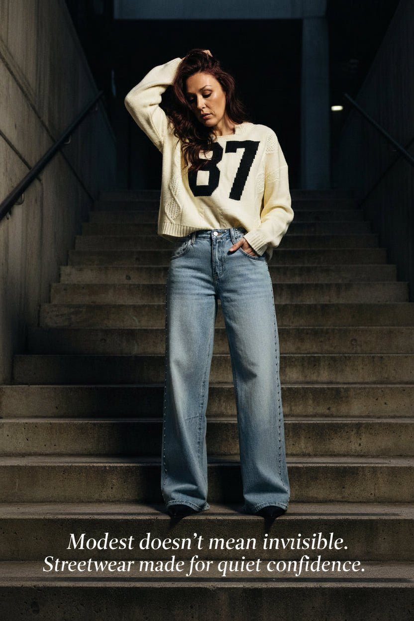 Cream oversized knit sweater with black 87 graphic and casual streetwear styling