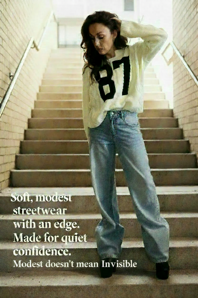 Cream oversized knit sweater with black 87 graphic and casual streetwear styling