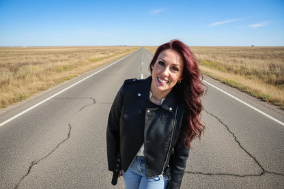 Black faux leather moto jacket with edgy minimalist streetwear styling for women