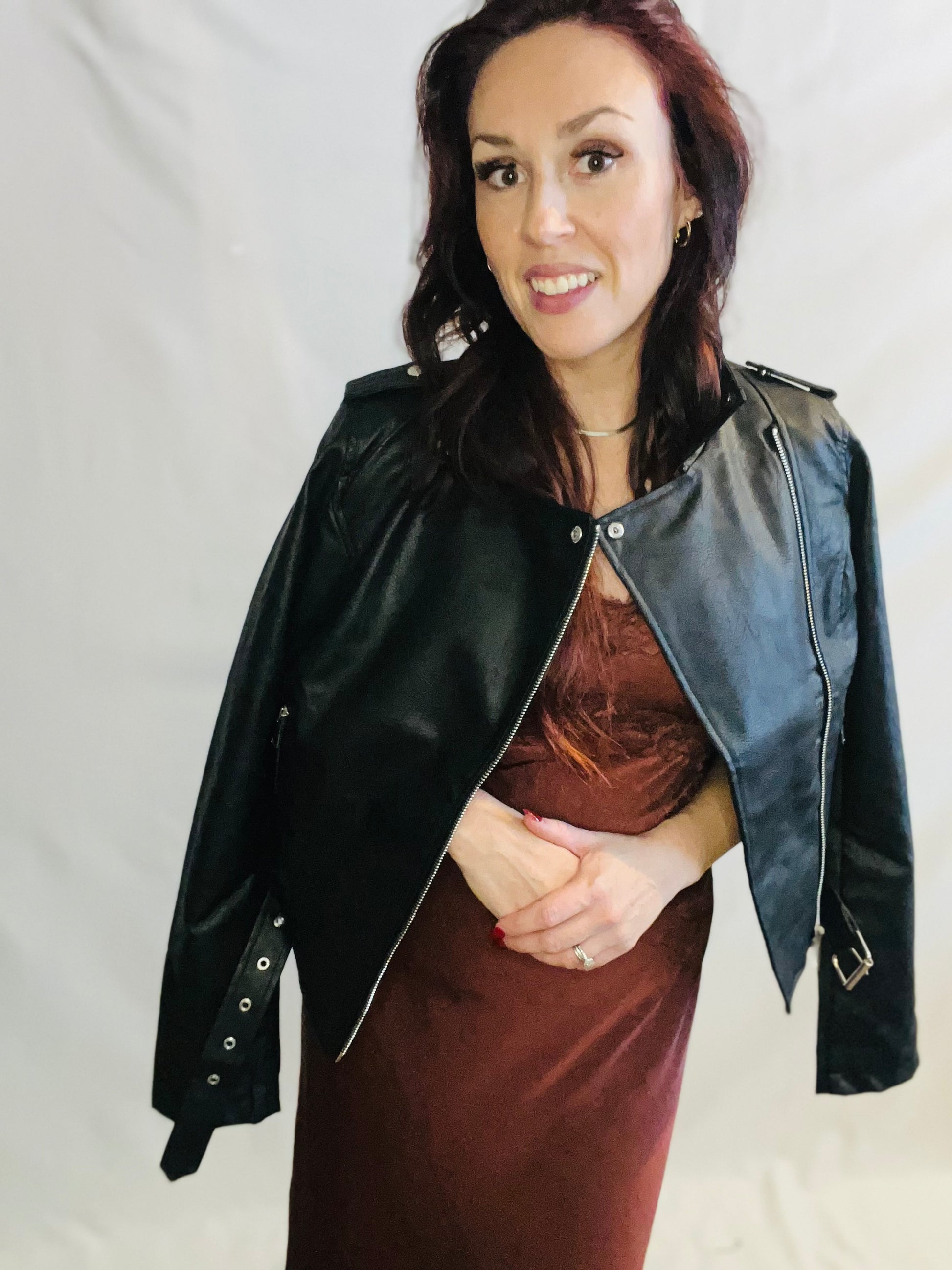 Chocolate brown satin midi dress with lace trim and feminine romantic styling