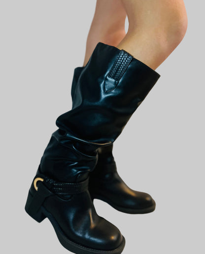 Black slouchy moto boots with chunky heel and edgy modern grunge streetwear styling