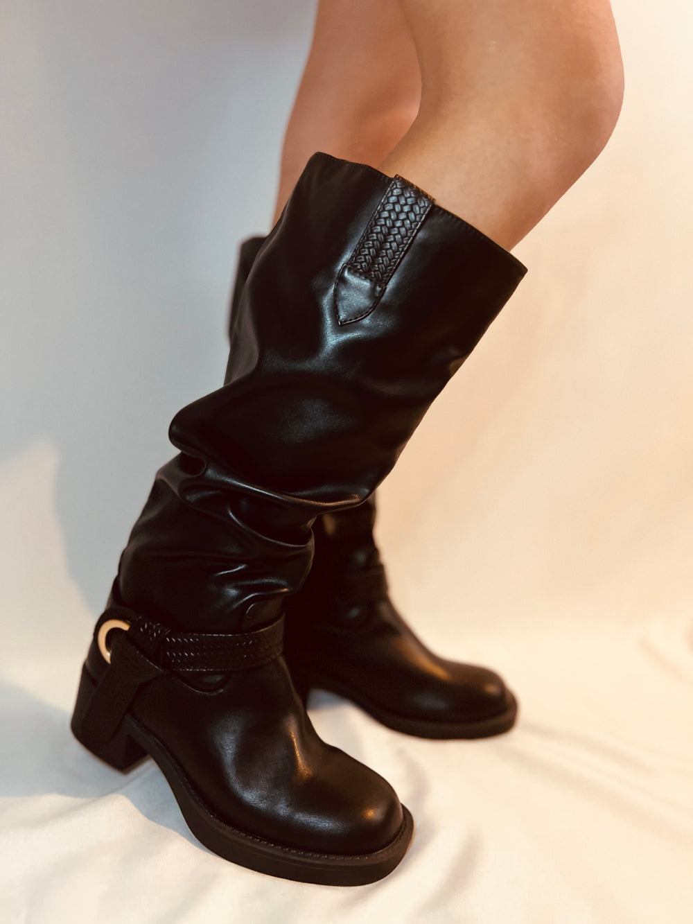 Black Slouchy Moto Boots | Edgy Knee High Boots for Women