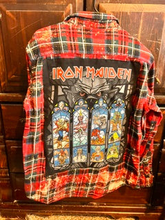 Oversized vintage plaid flannel jacket with custom Iron Maiden inspired graphic patch and distressed streetwear styling