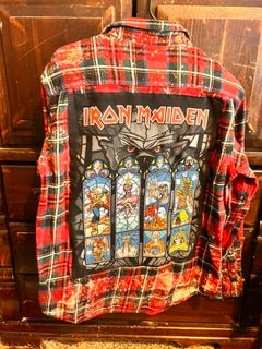 Oversized vintage plaid flannel jacket with custom Iron Maiden inspired graphic patch and distressed streetwear styling