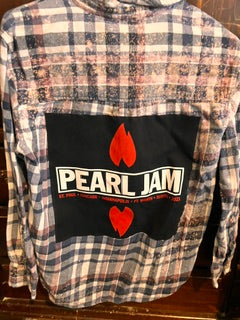 Oversized vintage plaid flannel jacket with custom Pearl Jam inspired graphic patch and distressed streetwear styling