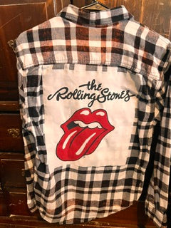 Oversized vintage plaid flannel jacket with custom Rolling Stones inspired graphic patch and distressed streetwear styling