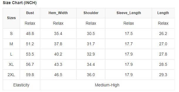 A size chart table in inches showing measurements for sizes S through 2XL, including bust, hem width, shoulder, sleeve length, and length, plus a note about medium-high elasticity.