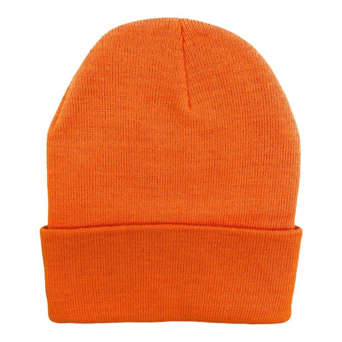Minimal orange knit beanie hat with classic cuffed streetwear styling