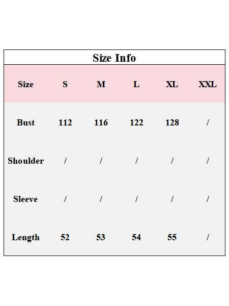Size chart for clothing with bust, shoulder, sleeve, and length measurements in centimeters.