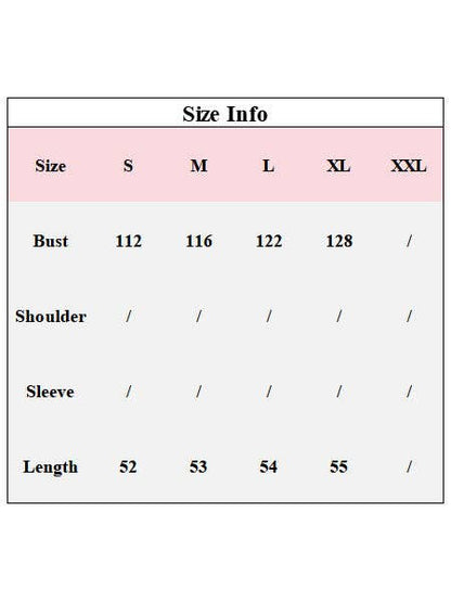 Size chart for clothing with bust, shoulder, sleeve, and length measurements in centimeters.