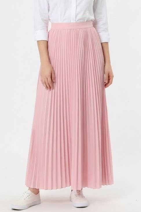 Blush pink pleated maxi skirt for women with modest feminine minimalist styling
