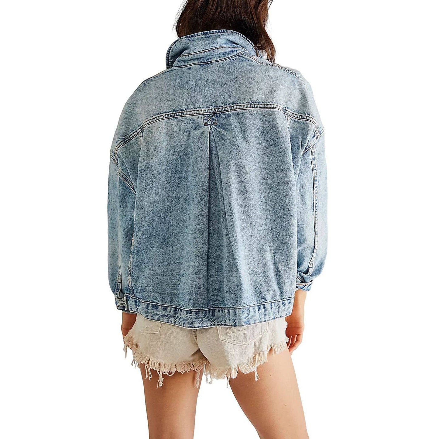 Oversized vintage wash denim jacket with relaxed casual streetwear styling