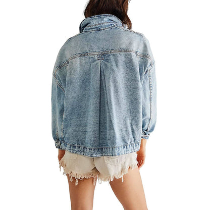 Oversized vintage wash denim jacket with relaxed casual streetwear styling