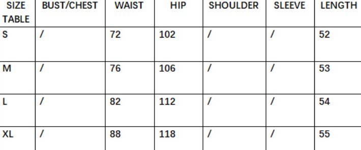 Size chart with measurements for bust, waist, hip, shoulder, sleeve, and length.