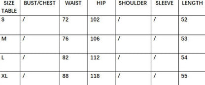 Size chart with measurements for bust, waist, hip, shoulder, sleeve, and length.