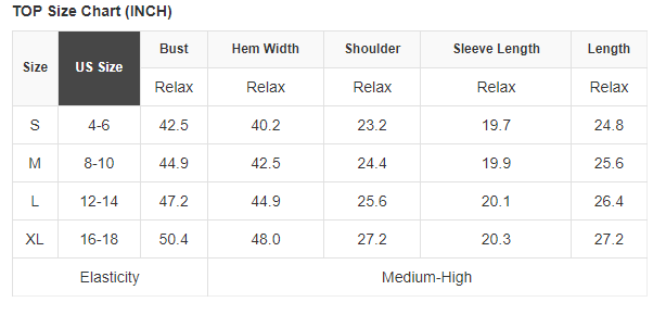 Size chart for tops in inches with US size, bust, hem width, shoulder, sleeve length, and length columns.