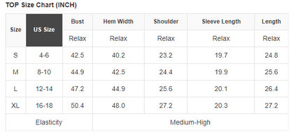 Size chart for tops in inches with US size, bust, hem width, shoulder, sleeve length, and length columns.