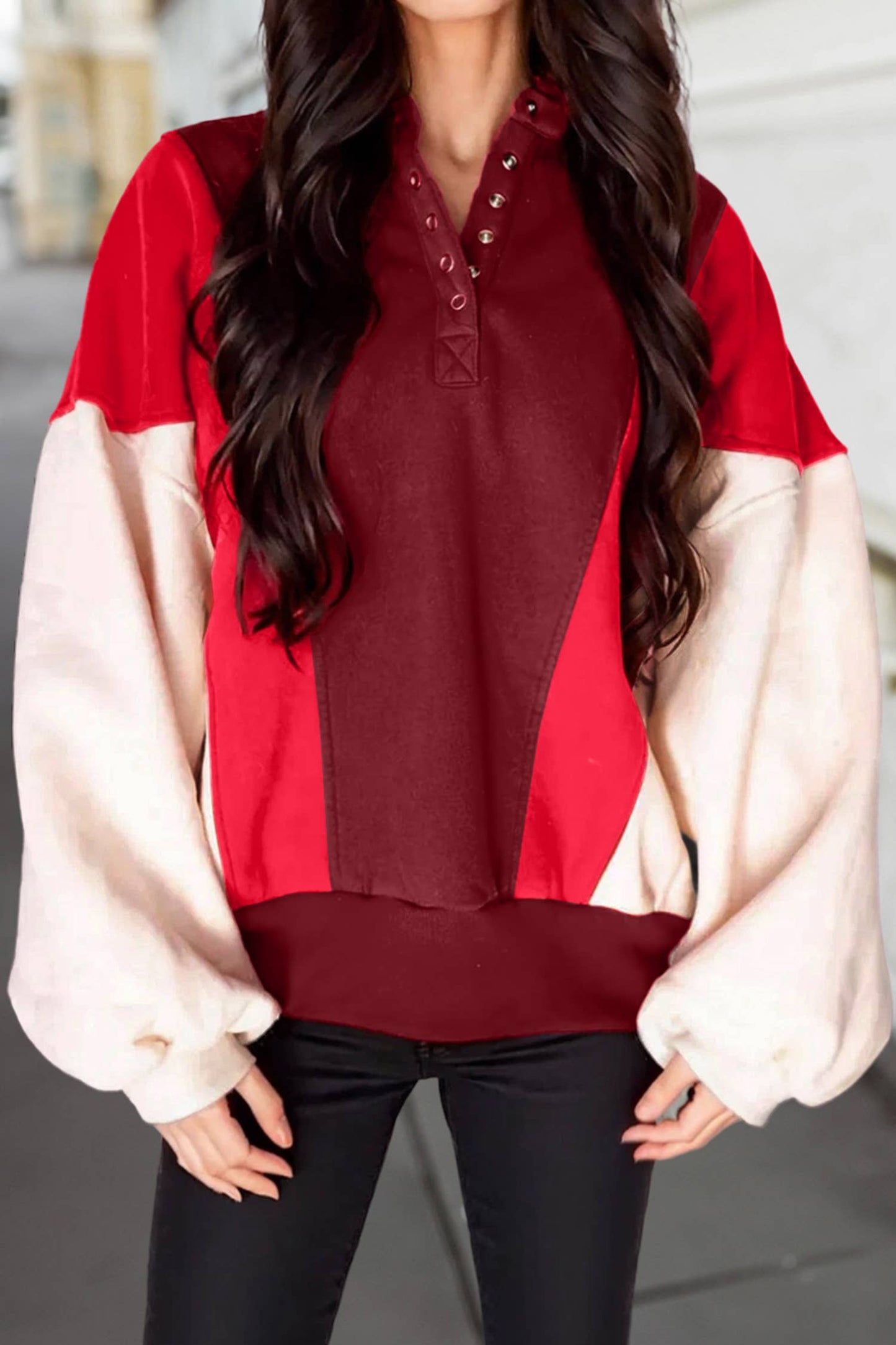 Oversized red color block Henley sweatshirt with relaxed casual streetwear styling