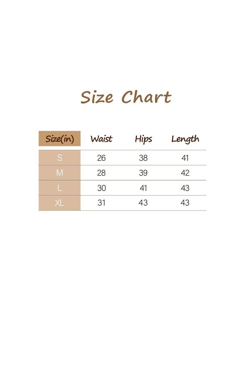 Size chart for clothing with waist, hips, and length measurements.