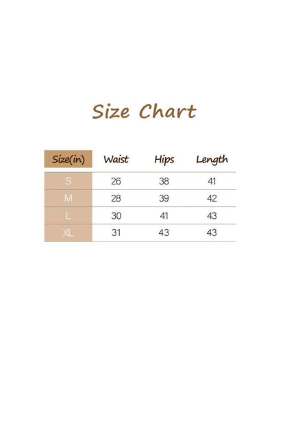 Size chart for clothing with waist, hips, and length measurements.