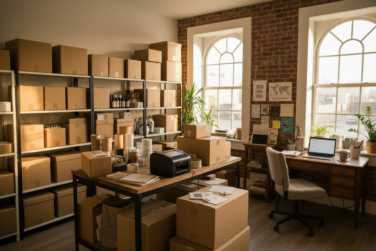 Office space with shelves, desk, and boxes indicating a moving or storage scenario.
